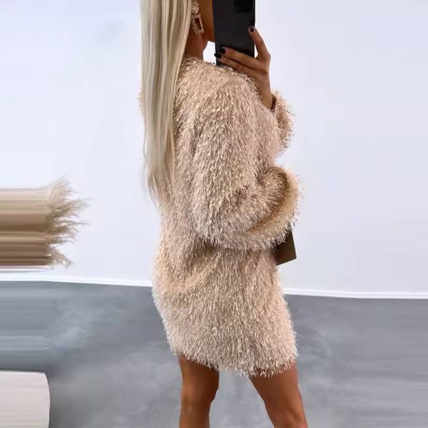 Elegant Fluffy Long Sleeve Christmas Party Mini Dress - Image 2