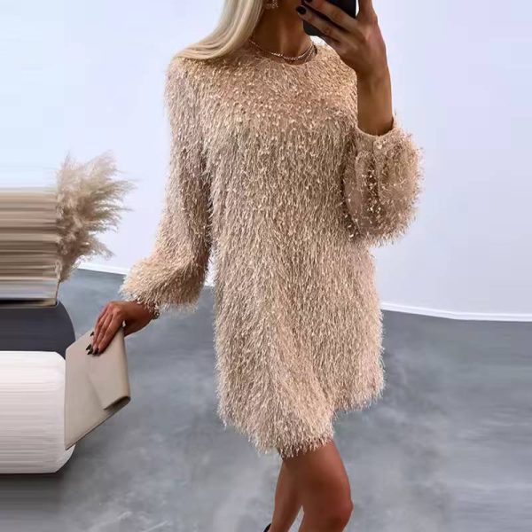 Elegant Fluffy Long Sleeve Christmas Party Mini Dress