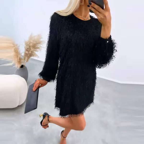 Elegant Fluffy Long Sleeve Christmas Party Mini Dress - Image 3