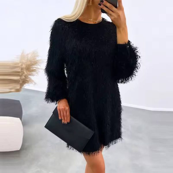 Elegant Fluffy Long Sleeve Christmas Party Mini Dress - Image 4