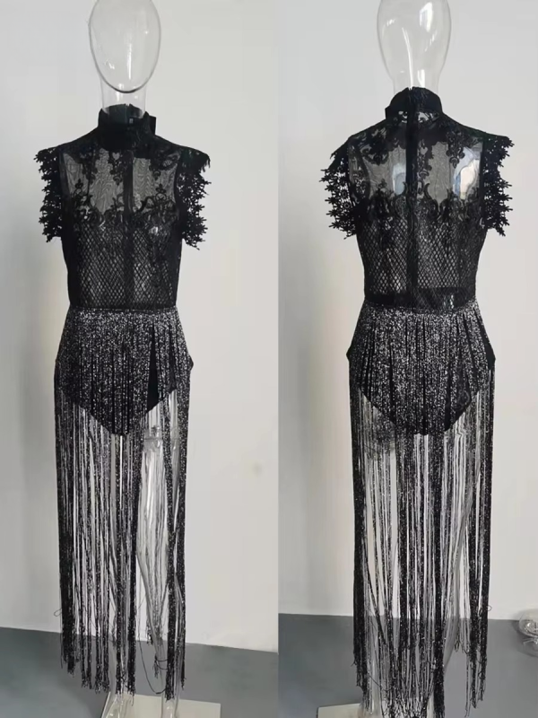 Elegant High Neck Sleeveless Lace Glitter Tassel Playsuits - Image 3