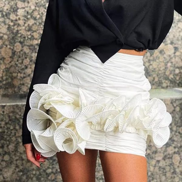 Elegant High Waist Patchwork Ruffle Pleated Lace Short Skirt - Image 5