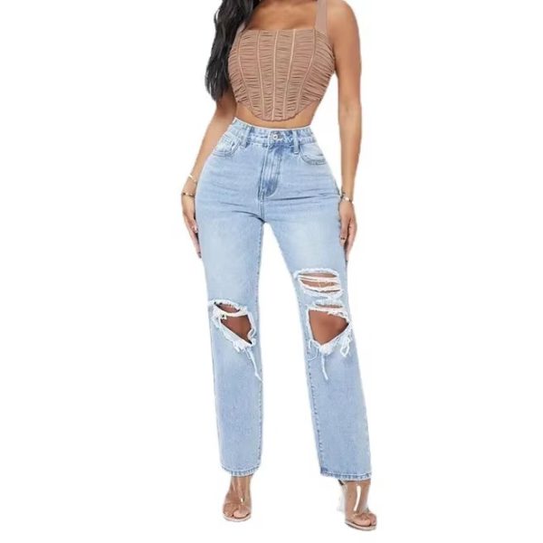 Elegant Hollow Out High Waist Pencil Wide Leg Streetwear Denim Trousers - Image 3