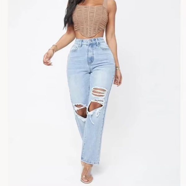 Elegant Hollow Out High Waist Pencil Wide Leg Streetwear Denim Trousers - Image 2