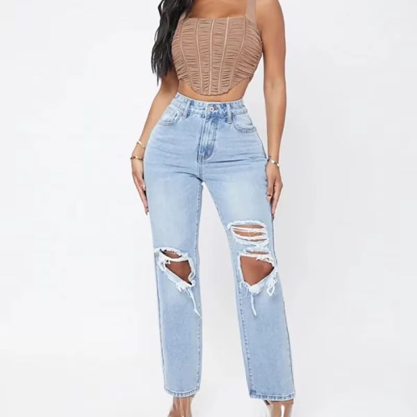 Elegant Hollow Out High Waist Pencil Wide Leg Streetwear Denim Trousers