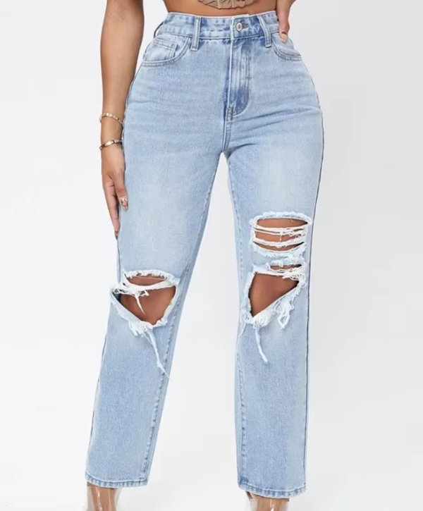 Elegant Hollow Out High Waist Pencil Wide Leg Streetwear Denim Trousers - Image 4