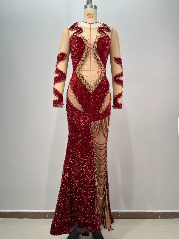 Elegant Long Sleeve Beading Sequins Mesh Maxi Long Gowns Dress - Image 2