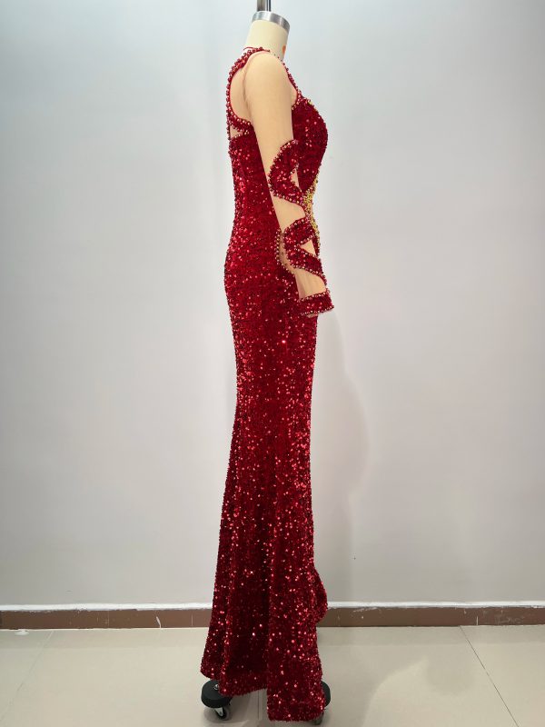 Elegant Long Sleeve Beading Sequins Mesh Maxi Long Gowns Dress - Image 3