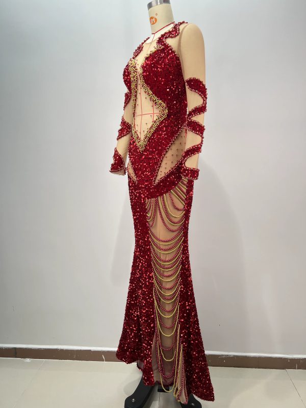 Elegant Long Sleeve Beading Sequins Mesh Maxi Long Gowns Dress - Image 4