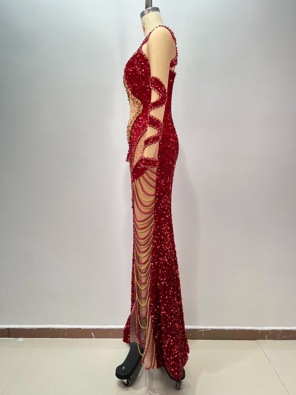 Elegant Long Sleeve Beading Sequins Mesh Maxi Long Gowns Dress - Image 5