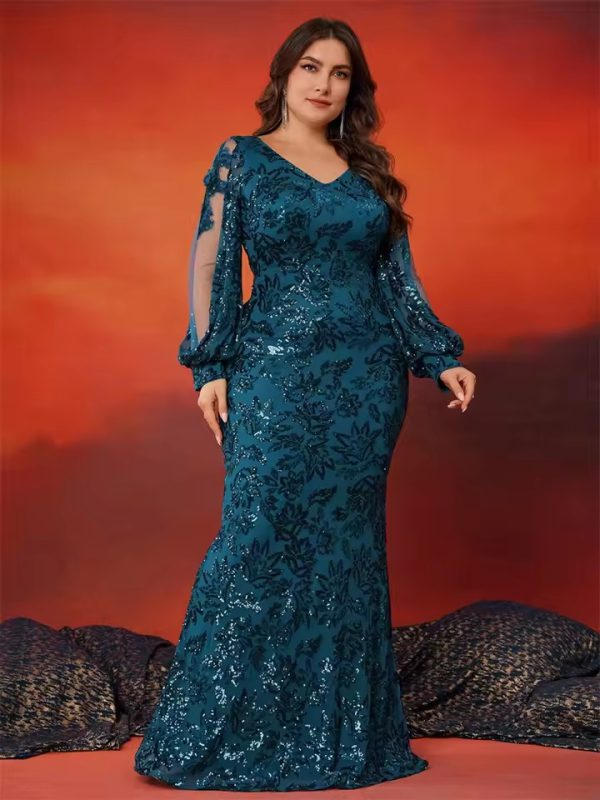 Elegant Long Sleeve Sequin Evening Plus Size Maxi Dress