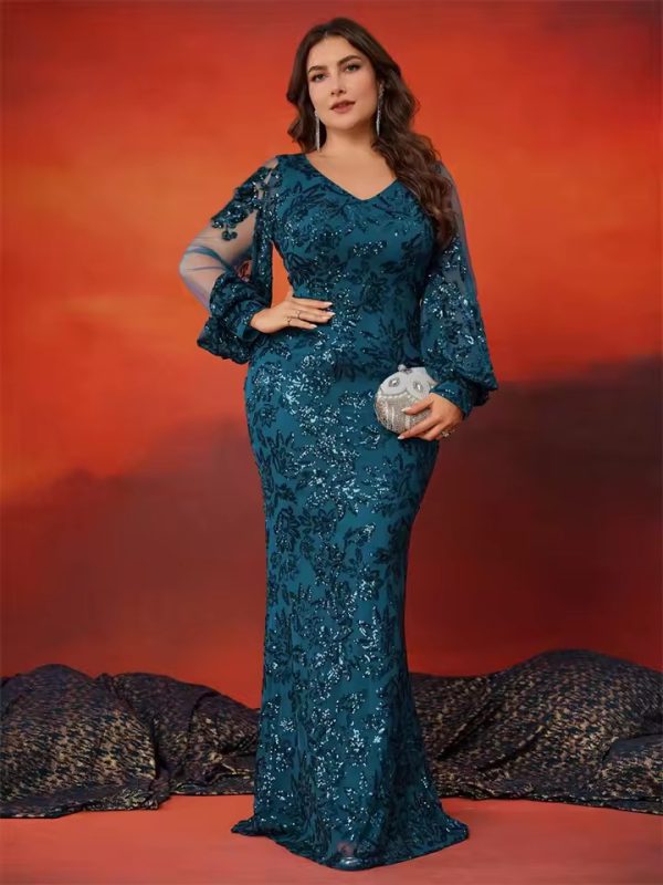 Elegant Long Sleeve Sequin Evening Plus Size Maxi Dress - Image 2