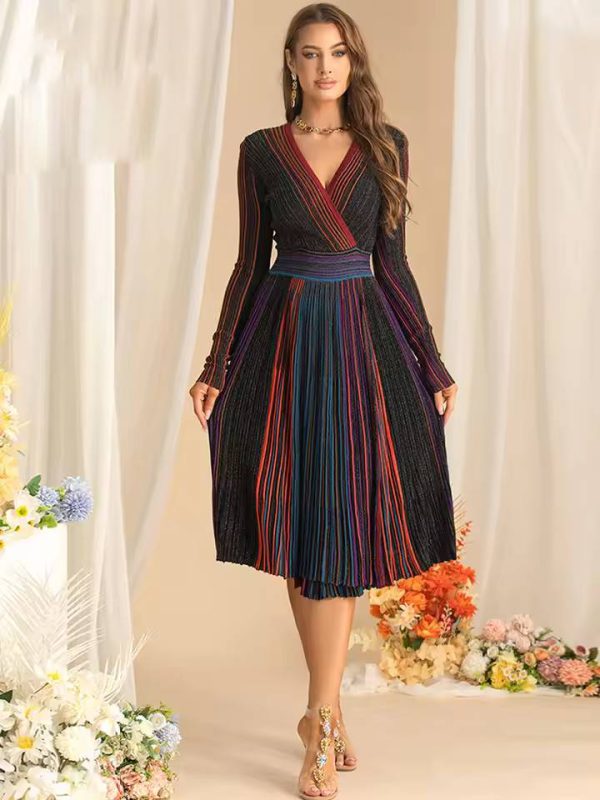 Elegant Long Sleeve V-Neck High Waist Striped Ombre Midi Dress