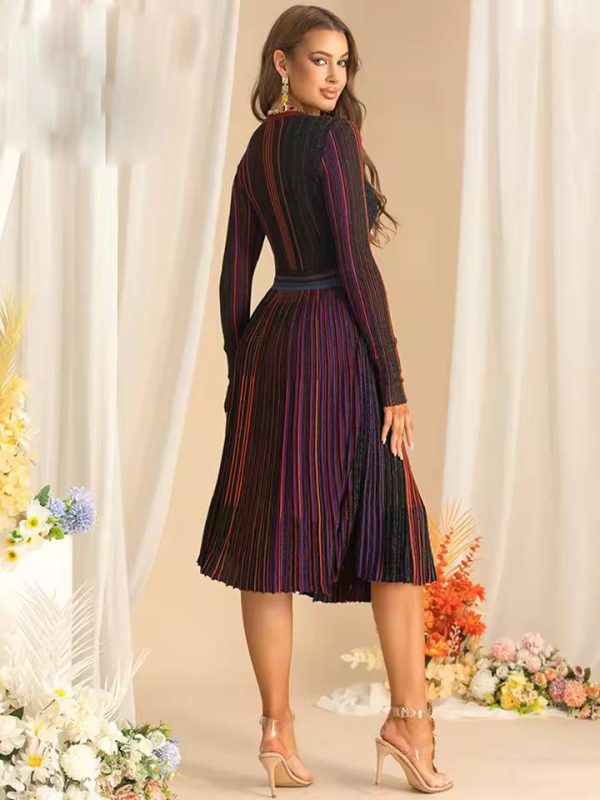 Elegant Long Sleeve V-Neck High Waist Striped Ombre Midi Dress - Image 4