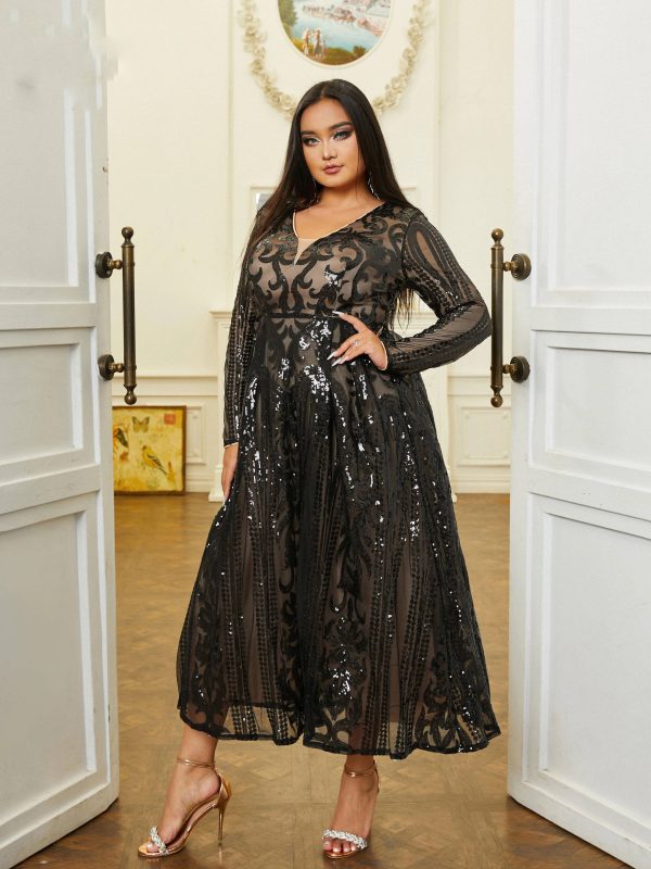 Elegant Long Sleeve V-Neck Sequin Plus Size Midi Dress - Image 9