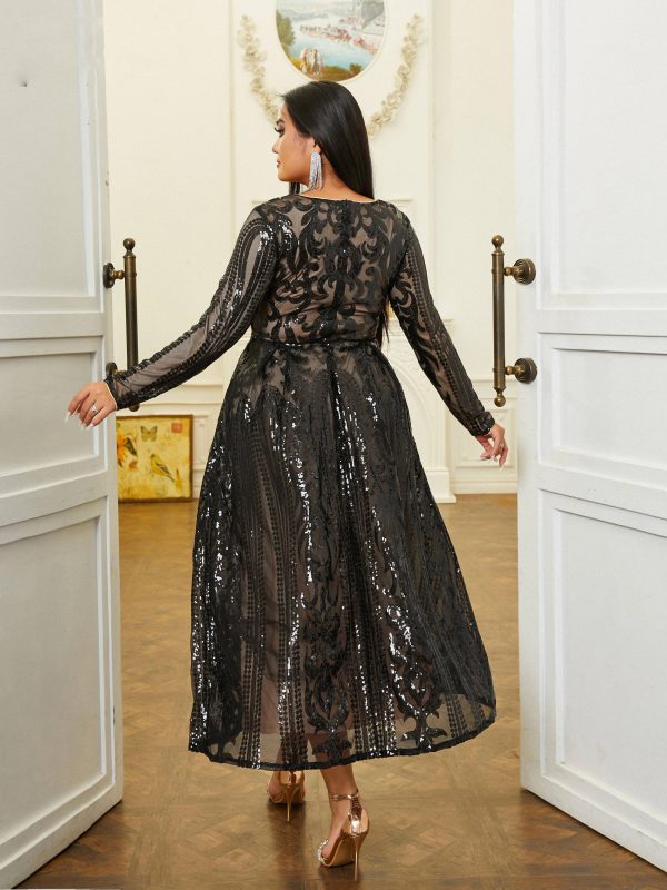 Elegant Long Sleeve V-Neck Sequin Plus Size Midi Dress - Image 10