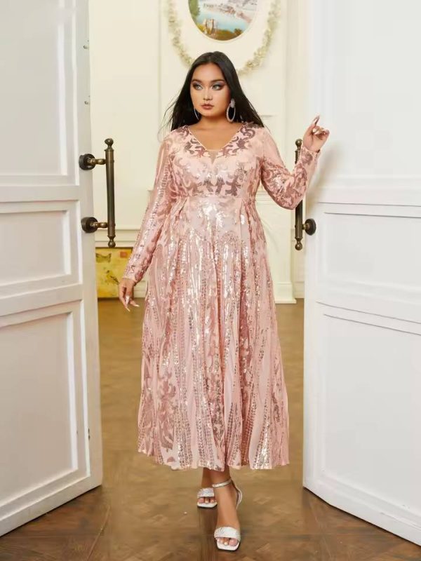 Elegant Long Sleeve V-Neck Sequin Plus Size Midi Dress