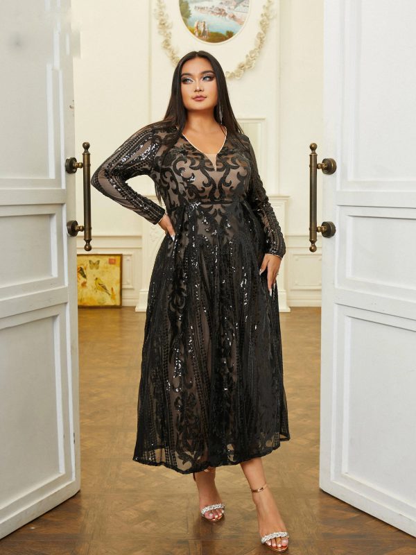 Elegant Long Sleeve V-Neck Sequin Plus Size Midi Dress - Image 8