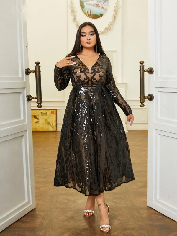 Elegant Long Sleeve V-Neck Sequin Plus Size Midi Dress - Image 6