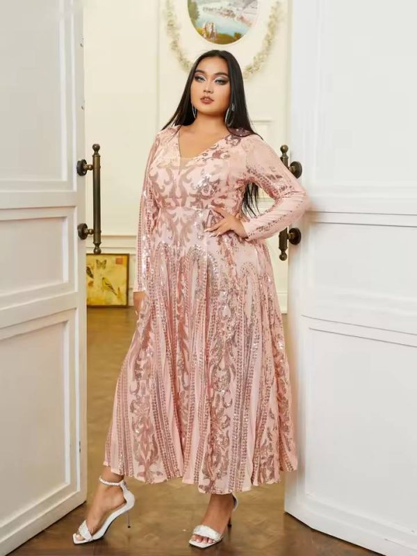 Elegant Long Sleeve V-Neck Sequin Plus Size Midi Dress - Image 4