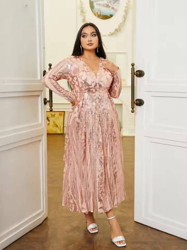 Elegant Long Sleeve V-Neck Sequin Plus Size Midi Dress - Image 3