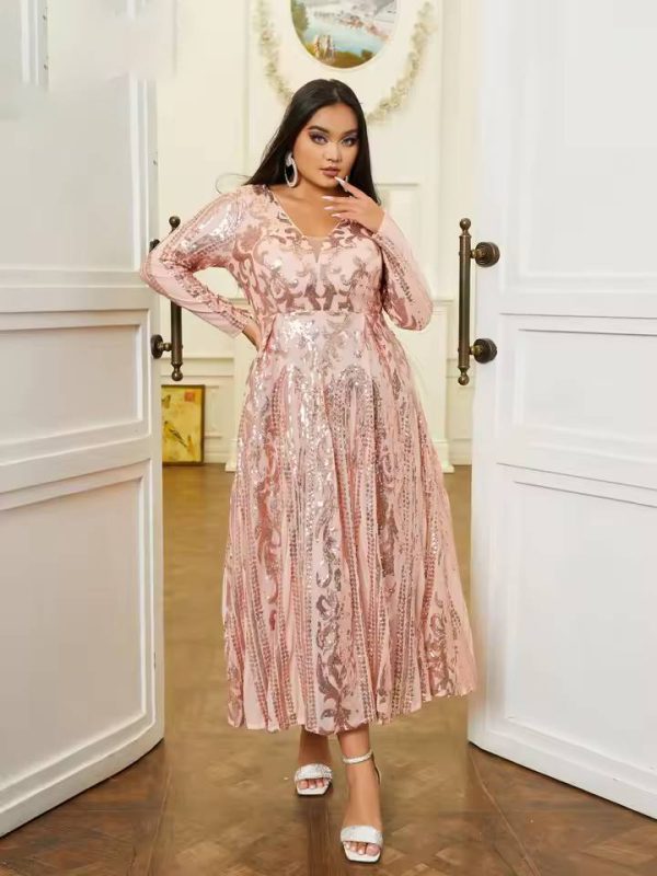 Elegant Long Sleeve V-Neck Sequin Plus Size Midi Dress - Image 2