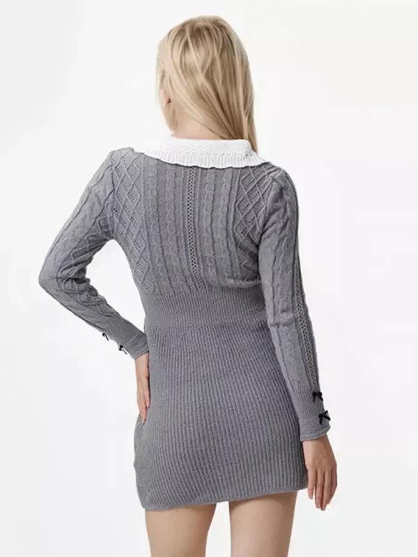 Elegant Long Sleeves Peter Pan Collar Knitted Mini Dress - Image 3