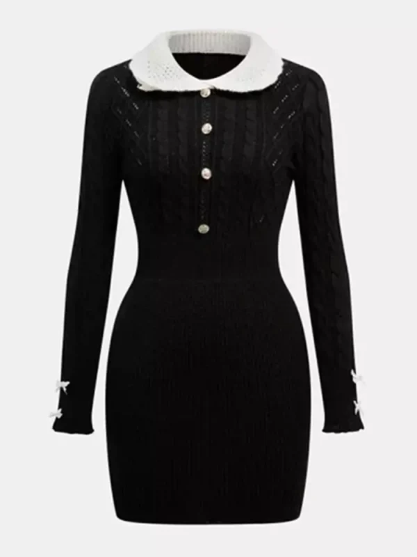 Elegant Long Sleeves Peter Pan Collar Knitted Mini Dress - Image 4