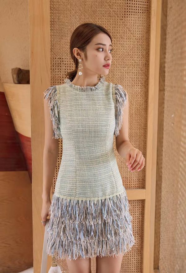 Elegant O-neck Tassel Patchwork Slim Waist Mini Dress - Image 2