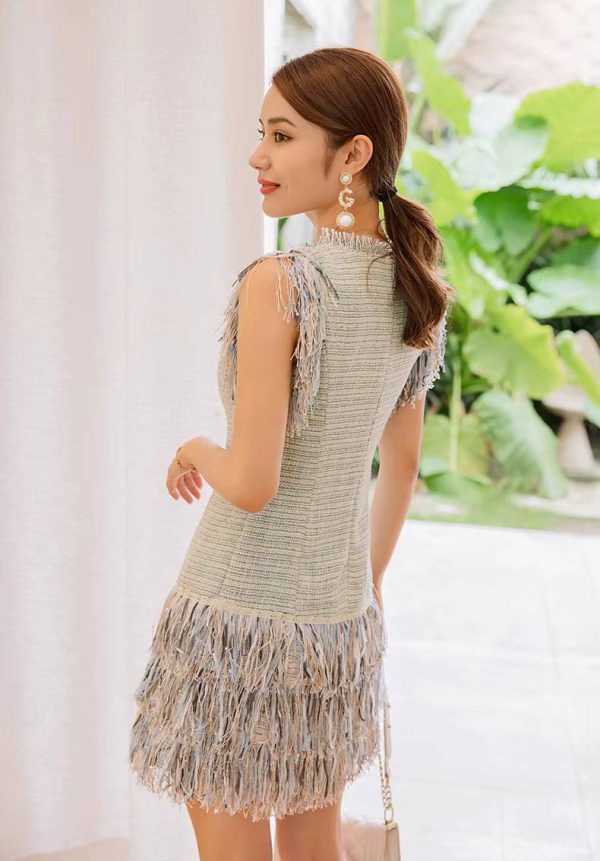 Elegant O-neck Tassel Patchwork Slim Waist Mini Dress - Image 5