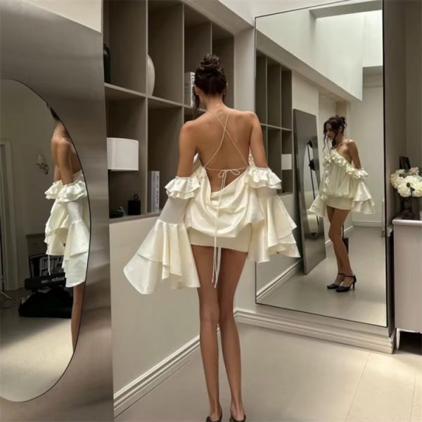 Elegant Off Shoulder Lotus Leaf Edge Flared Sleeve Backless Mini Dress - Image 9