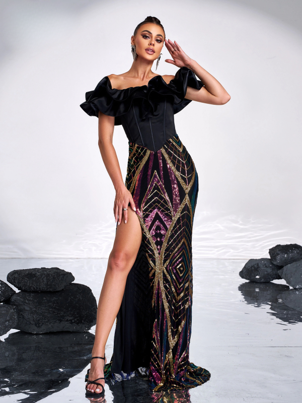 Elegant Off Shoulder Panel Geometric Sequin Split Wedding Birthday Vestidos Dresses - Image 4