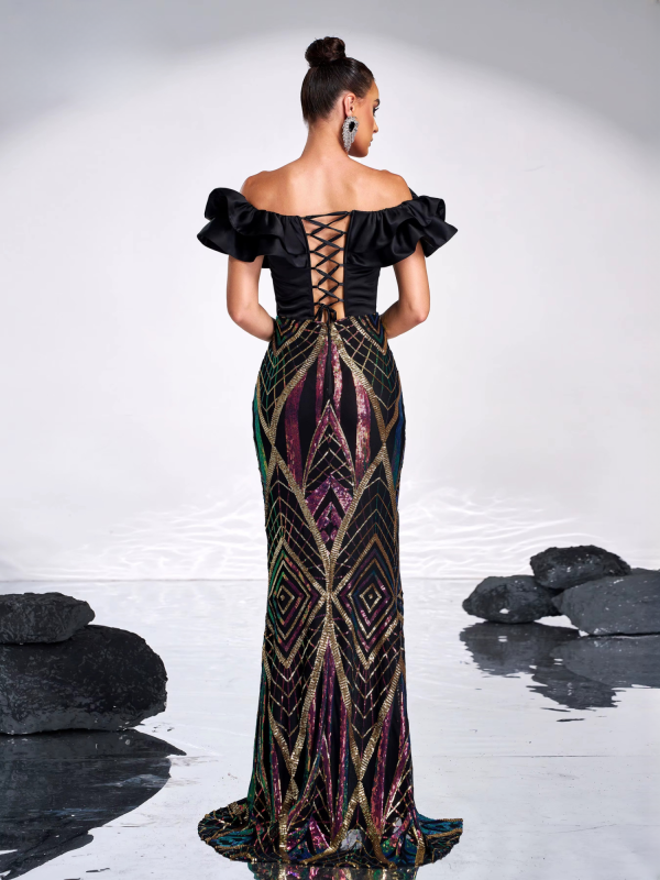 Elegant Off Shoulder Panel Geometric Sequin Split Wedding Birthday Vestidos Dresses - Image 6