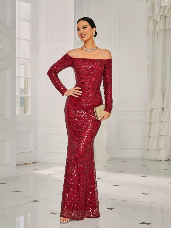 Elegant Off Shoulder Sequin Mermaid Evening Prom Maxi Dress