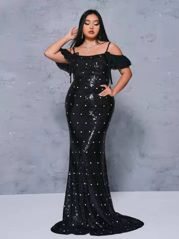 Elegant Off Shoulder Sequin Mermaid Plus Size Maxi Dress - Image 5