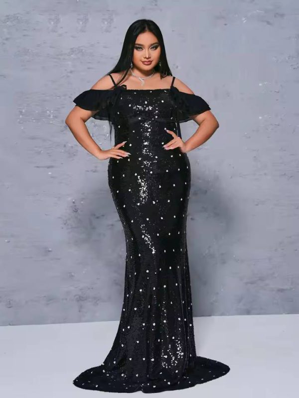 Elegant Off Shoulder Sequin Mermaid Plus Size Maxi Dress - Image 3