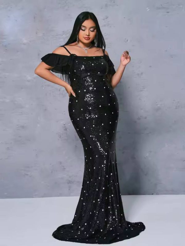 Elegant Off Shoulder Sequin Mermaid Plus Size Maxi Dress - Image 2