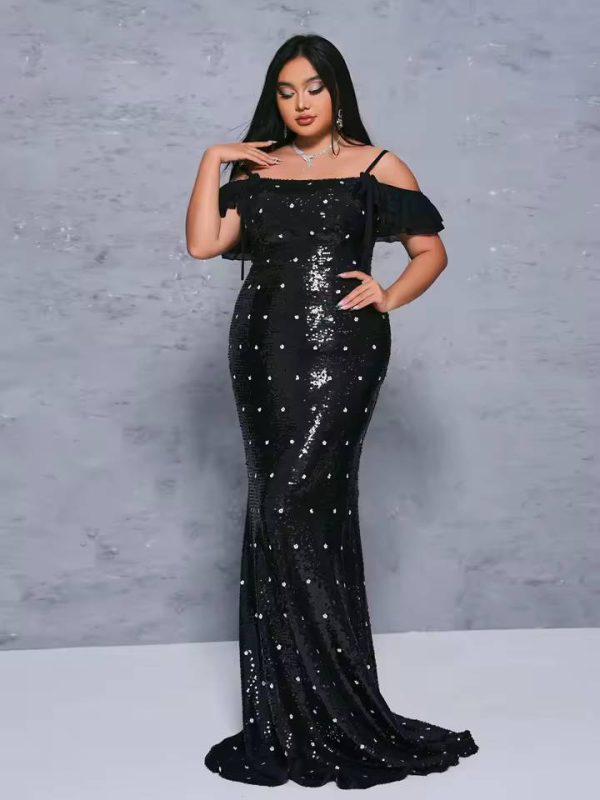 Elegant Off Shoulder Sequin Mermaid Plus Size Maxi Dress