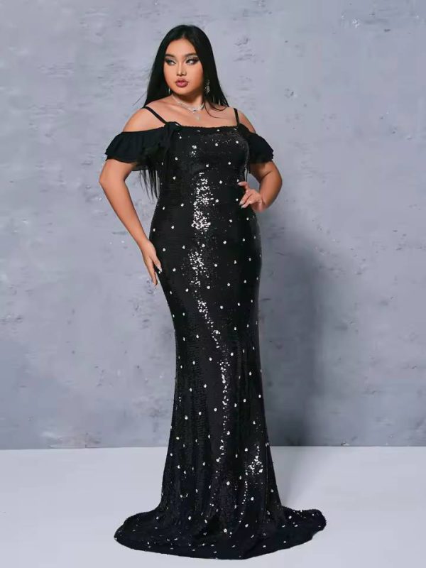 Elegant Off Shoulder Sequin Mermaid Plus Size Maxi Dress - Image 4