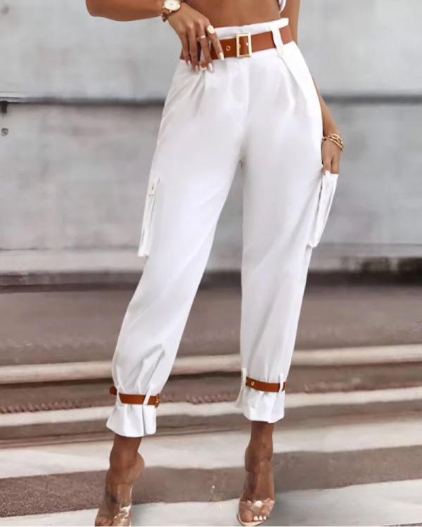 Elegant Pocket Button Streetwear Trousers High Waist Slim Casual Pants