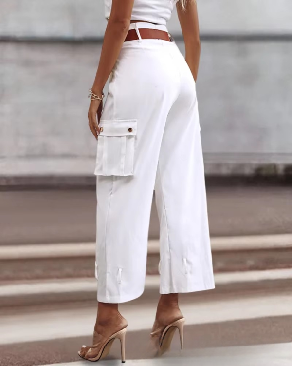 Elegant Pocket Button Streetwear Trousers High Waist Slim Casual Pants - Image 3