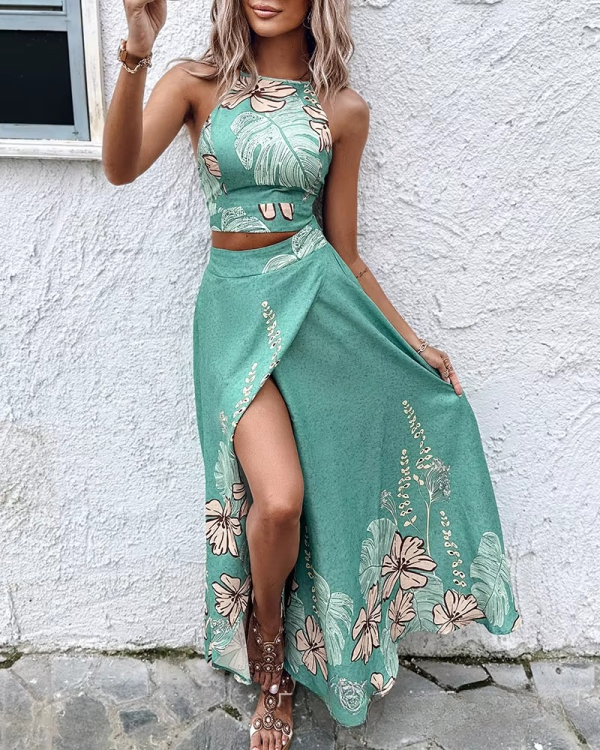 Elegant Print Floral Splice Casual Backless Sleeveless Halter Sling Tops A Line Long Skirts Two Piece Sets