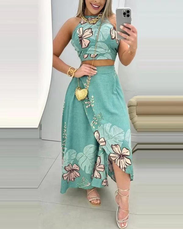 Elegant Print Floral Splice Casual Backless Sleeveless Halter Sling Tops A Line Long Skirts Two Piece Sets - Image 4