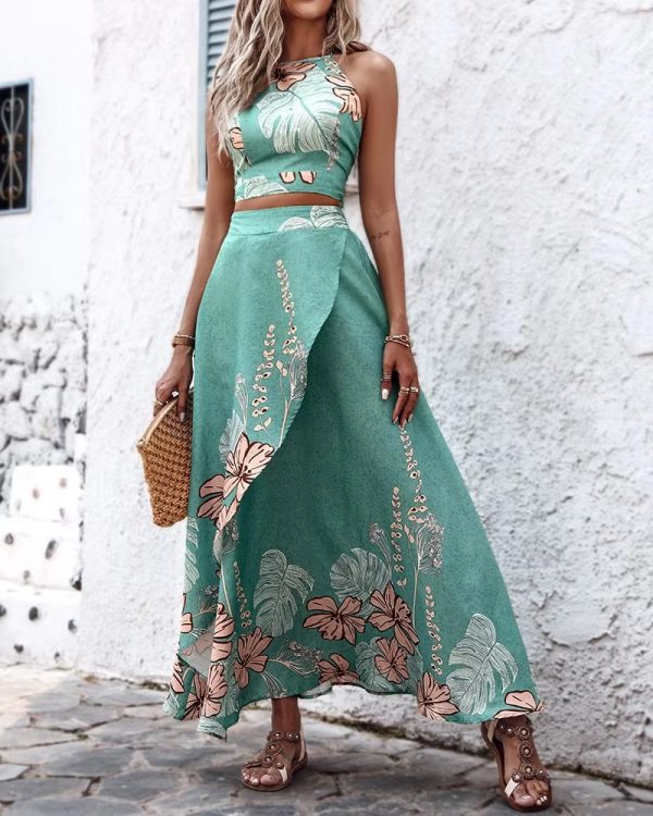 Elegant Print Floral Splice Casual Backless Sleeveless Halter Sling Tops A Line Long Skirts Two Piece Sets - Image 2