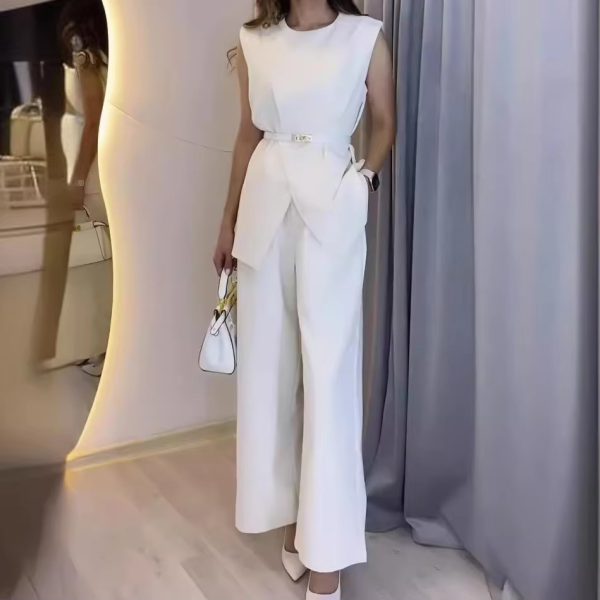 Elegant Round Neck Belt Sleeveless High Waist Tops Solid Wide Leg Long Pants Slim Fit Two Piece Pants Set