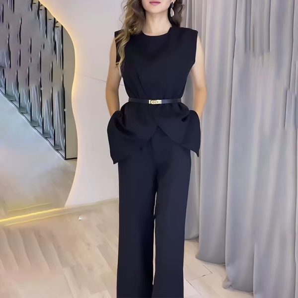 Elegant Round Neck Belt Sleeveless High Waist Tops Solid Wide Leg Long Pants Slim Fit Two Piece Pants Set - Image 6