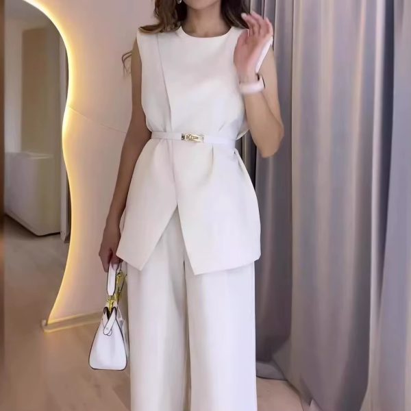 Elegant Round Neck Belt Sleeveless High Waist Tops Solid Wide Leg Long Pants Slim Fit Two Piece Pants Set - Image 4