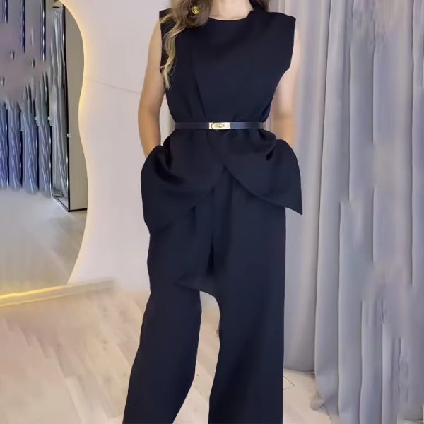 Elegant Round Neck Belt Sleeveless High Waist Tops Solid Wide Leg Long Pants Slim Fit Two Piece Pants Set - Image 7