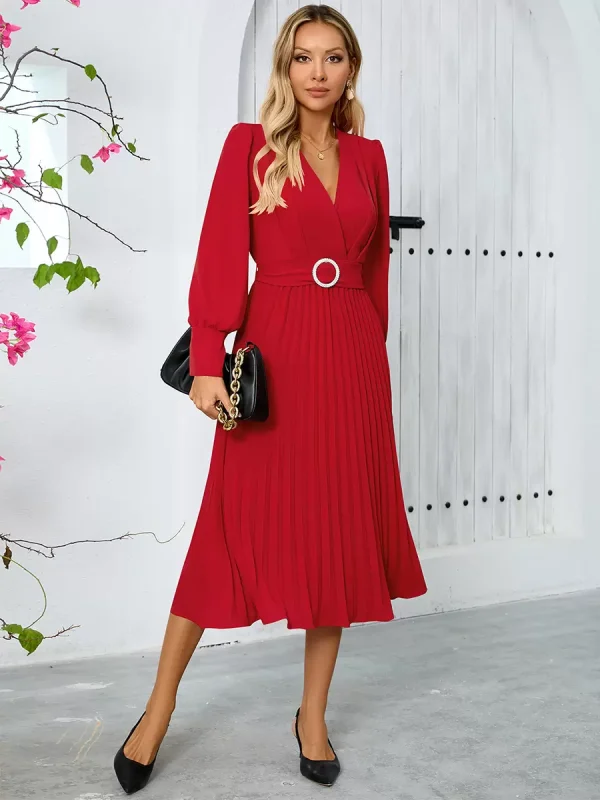 Elegant Sash V-Neck Long Sleeves Polyester Semi Formal Party Dress