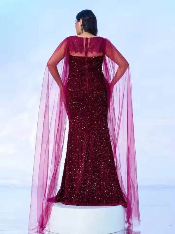 Elegant Sequin Split Mesh Sleeves Plus Size Birthday Party Maxi Dress - Image 5